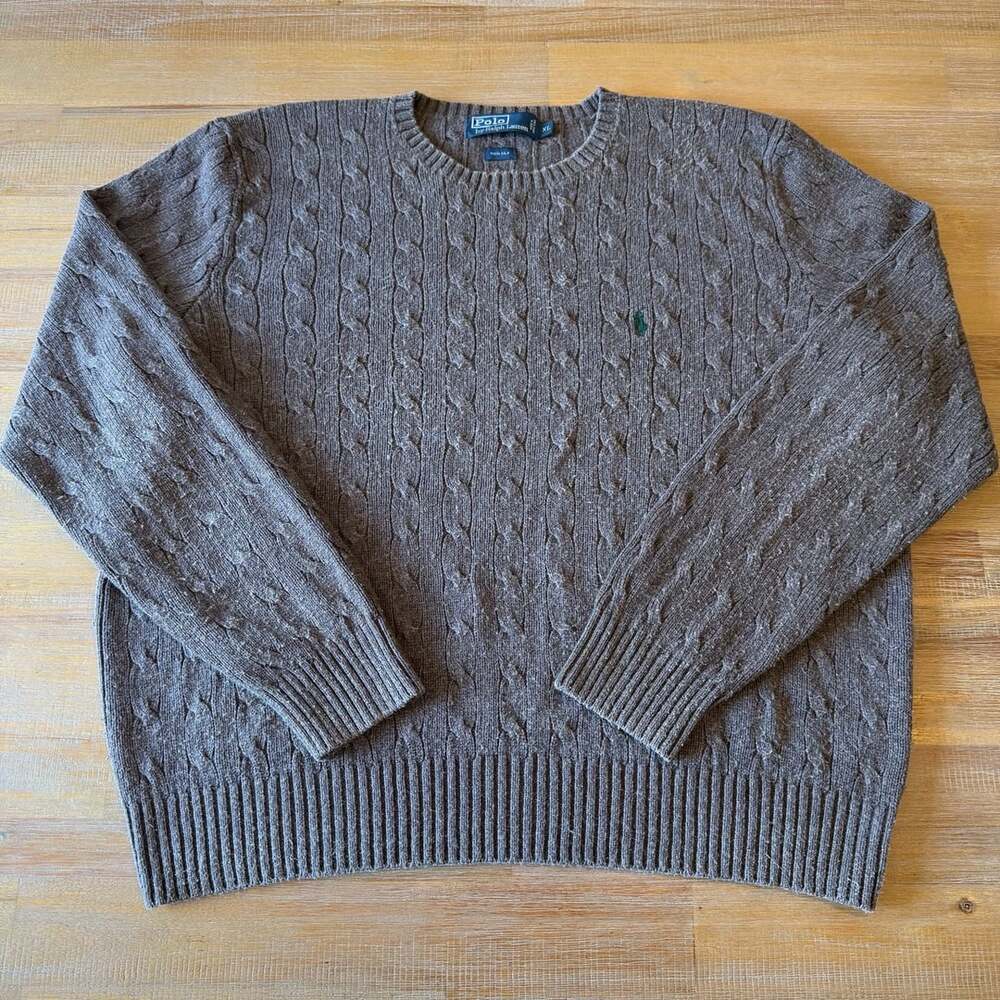 Polo Ralph Lauren Cable Knit Sweater Mens XL Brown 100% Silk Crewneck Pullover